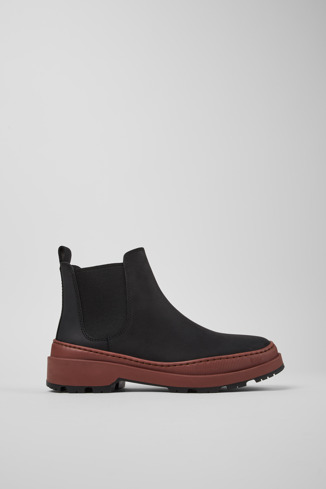 Side view of Brutus Trek Black nubuck ankle boots for women