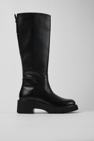 Side view of Milah Black leather high boots for women