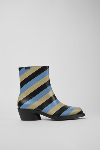 Side view of Bonnie Multicolored striped leather boots for women