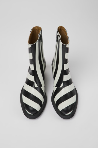 Overhead view of Bonnie Black and white striped leather boots for women