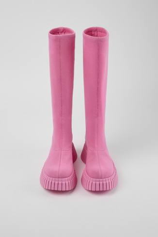 Overhead view of BCN Pink textile boots for women