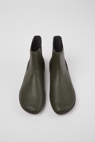 Overhead view of Right Green leather ankle boots