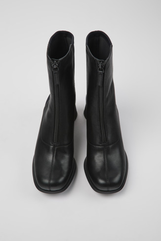 Overhead view of Kiara Black leather and recycled PET boots for women