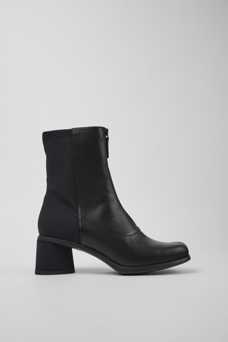 Side view of Kiara Black leather and recycled PET boots for women
