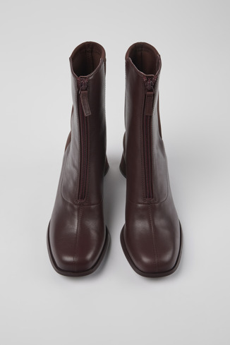 Overhead view of Kiara Burgundy leather and recycled PET boots for women