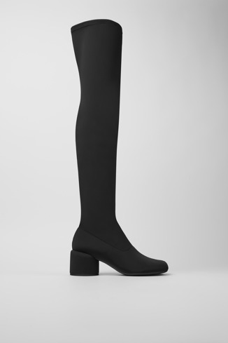 Side view of Niki Black recycled PET knee high boots for women