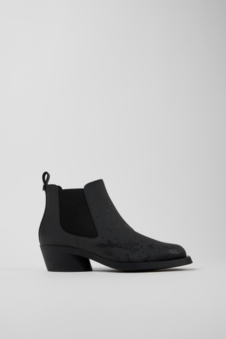 Side view of Bonnie Gray and black leather ankle boots for women