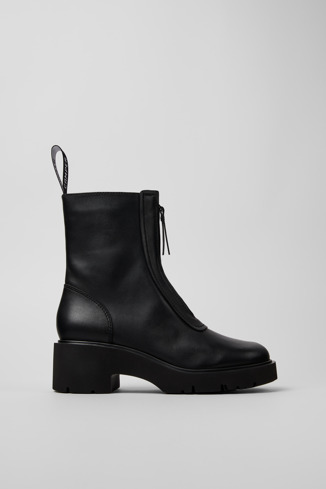 Side view of Milah Black leather zip boots for women