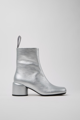 Side view of Niki Silver Leather Ankle Boots for Women.