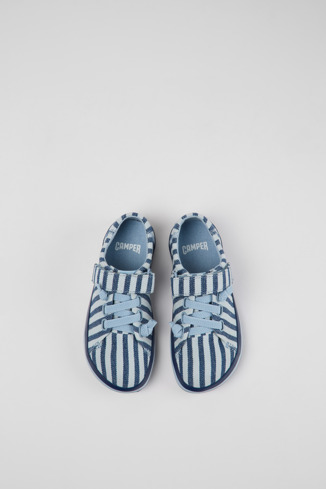 Overhead view of Peu Rambla Blue striped recycled cotton shoes for kids