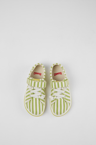 Overhead view of Peu Rambla Green and white striped recycled cotton shoes for kids