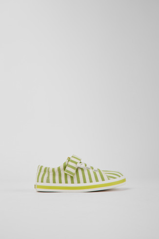 Side view of Peu Rambla Green and white striped recycled cotton shoes for kids