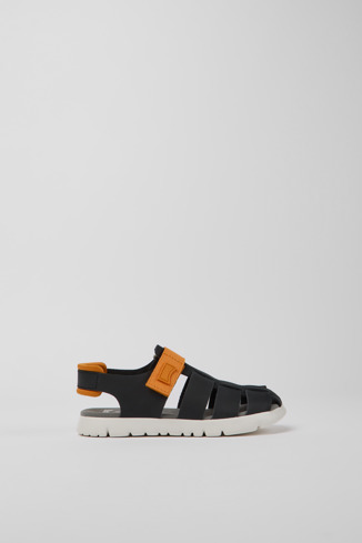 Side view of Oruga Black and orange leather sandals for kids