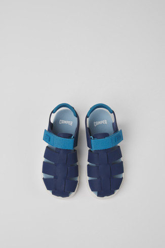 Overhead view of Oruga Blue leather sandals for kids