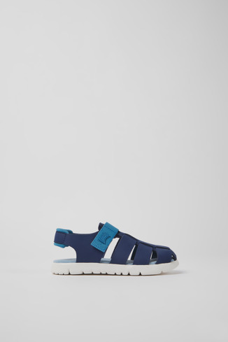 Side view of Oruga Blue leather sandals for kids