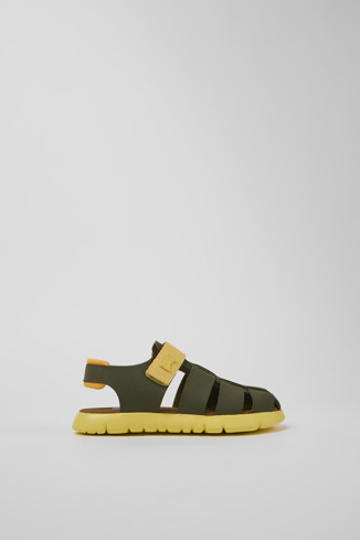 Side view of Oruga Green and yellow leather sandals for kids