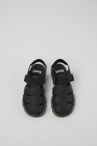 Overhead view of Oruga # Black Leather and Textile Kids' Sandal.