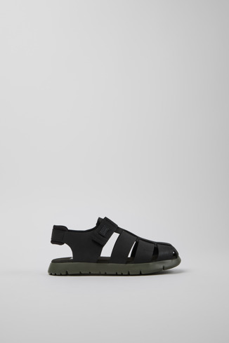 Side view of Oruga # Black Leather and Textile Kids' Sandal.