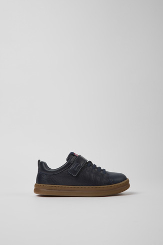 Side view of Runner Navy blue leather and textile sneakers for kids