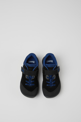 Overhead view of Ergo Black, blue, and grey nubuck and textile shoes