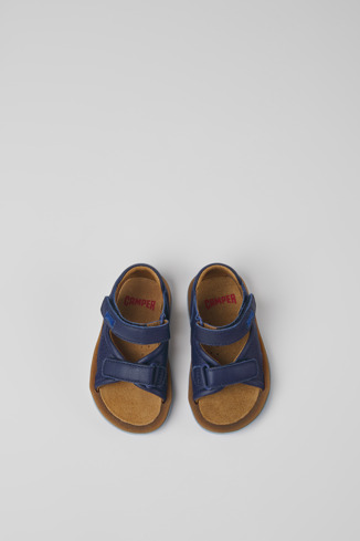 Overhead view of Bicho Navy blue leather sandals for kids