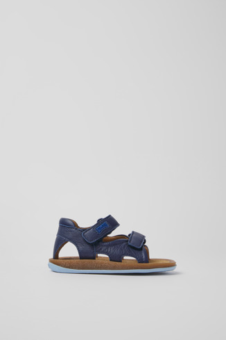 Side view of Bicho Navy blue leather sandals for kids