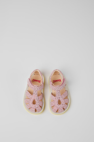 Overhead view of Bicho Pink nubuck sandals for kids