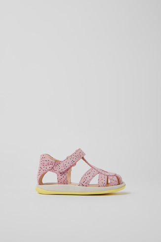 Side view of Bicho Pink nubuck sandals for kids