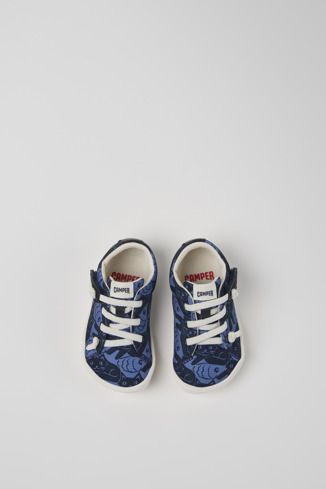 Overhead view of Peu Blue Recycled PET and Leather Kids' Shoes.