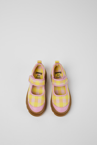 Overhead view of Brutus Pink and yellow Mary Jane shoes for kids