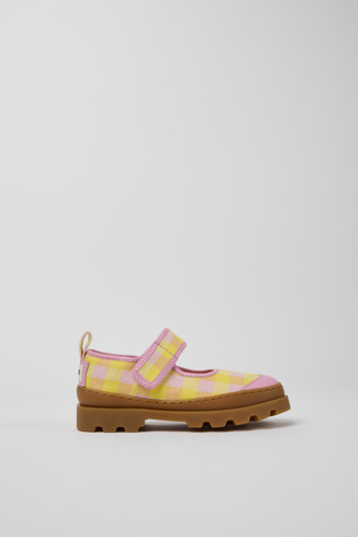 Side view of Brutus Pink and yellow Mary Jane shoes for kids