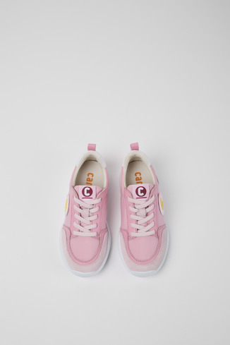 Overhead view of Driftie Pink and white sneakers for girls