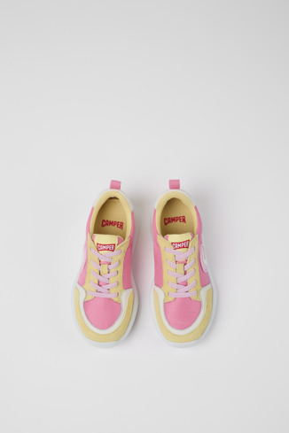 Overhead view of Driftie Yellow and pink textile and nubuck sneakers for kids