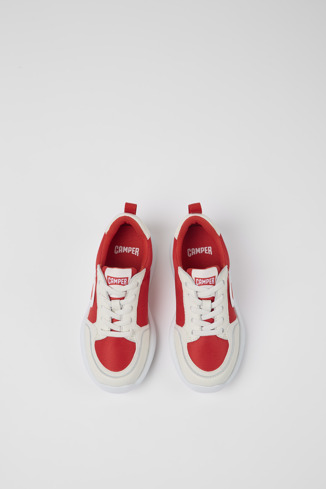 Overhead view of Driftie Red and white textile and leather sneakers for kids