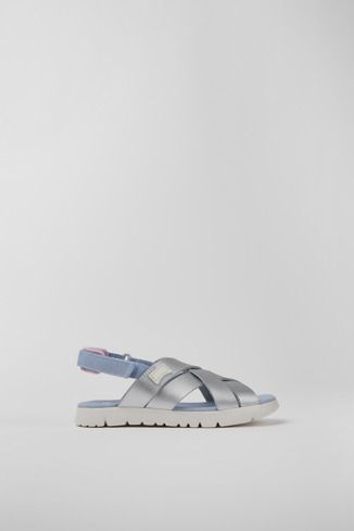 Side view of Oruga Silver leather sandals for kids