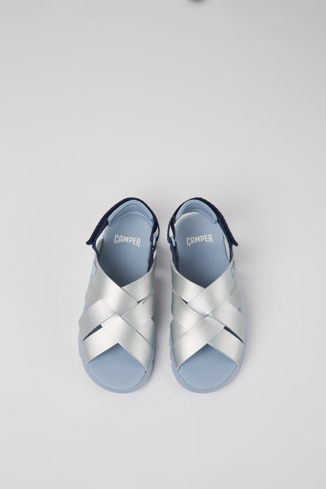 Overhead view of Oruga Grey leather and textile sandals for kids