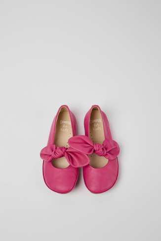 Overhead view of Right Pink leather ballerinas for girls