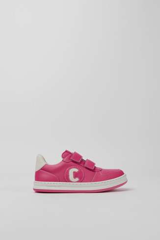 Side view of Runner Pink and white leather sneakers for kids
