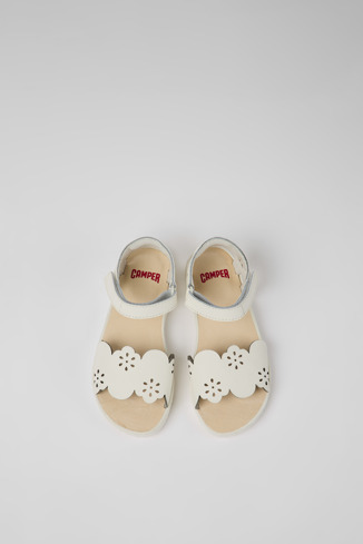 Overhead view of Miko White leather sandals for girls
