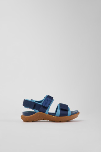 Side view of Wous Blue textile sandals for kids