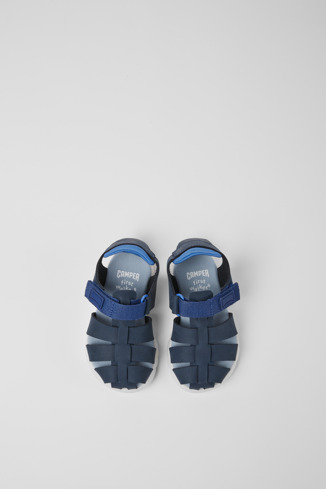 Overhead view of Oruga Blue leather and textile sandals