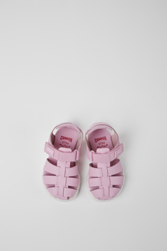 Overhead view of Oruga Pink leather and textile sandals