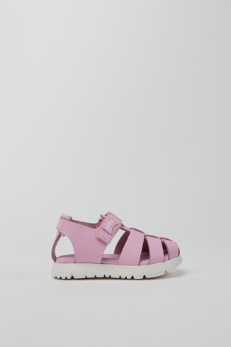 Side view of Oruga Pink leather and textile sandals