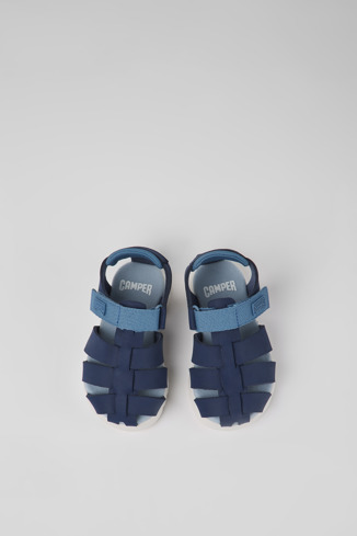 Overhead view of Oruga Blue leather and textile sandals for kids