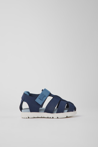 Side view of Oruga Blue leather and textile sandals for kids