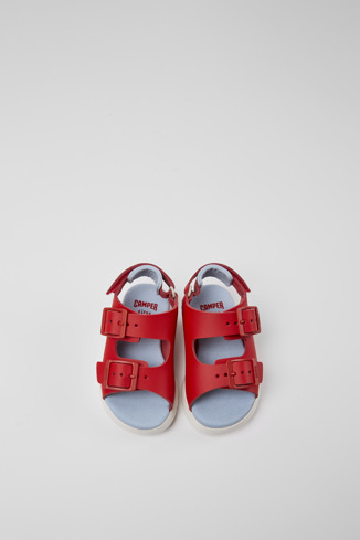 Overhead view of Oruga Red leather sandals for kids