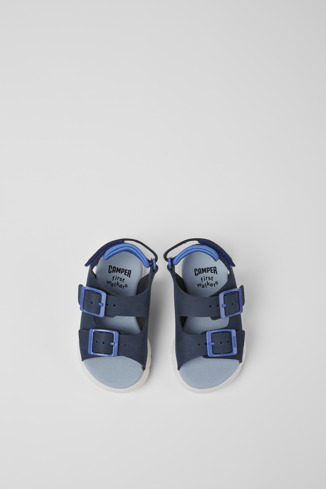 Overhead view of Oruga Blue leather sandals for kids