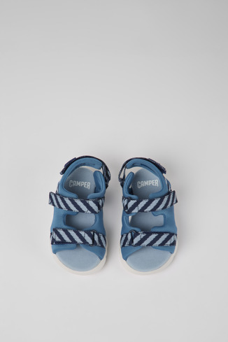 Overhead view of Oruga Blue textile sandals for kids