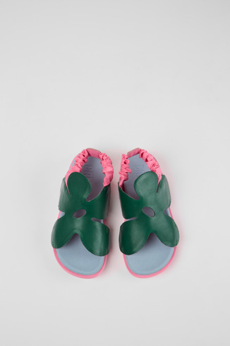 Overhead view of Brutus Sandal Green and pink leather sandals for kids