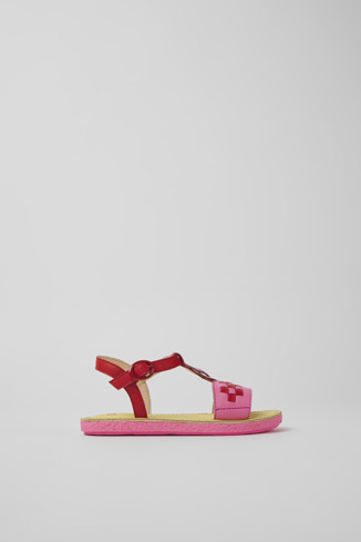 Side view of Twins Red and pink leather sandals for kids